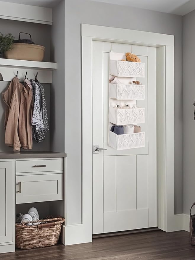 Macrame Over the Door Organizer Boho Decor Nursery Storage, Leaf Weaving Closet Organizers and Storage，with 4 Hanging Pockets