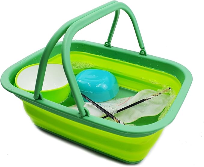 SAMMART 9.2L (2.37Gallon) Collapsible Tub with Handle - Portable Outdoor Picnic Basket/Crater - Foldable Shopping Bag - Space Saving Storage Container (1, Dark Green/Fluorescent Green)