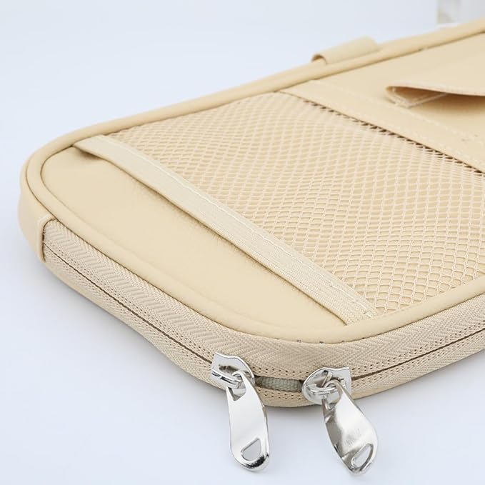 Car Sun Visor Organizer, Auto Interior Accessories Pocket Organizer - Car Truck SUV Storage Pouch Holder, with Multi-Pocket Net Zipper (Beige)
