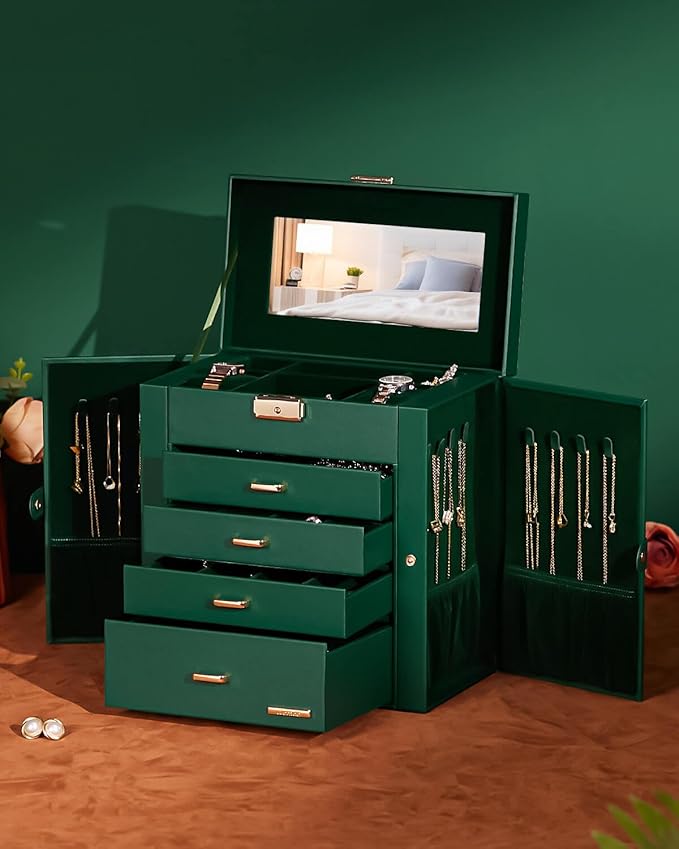 Homde Synthetic Leather Huge Jewelry Box Mirrored Watch Organizer Necklace Ring Earring Storage Lockable Gift Case (Forest Gr