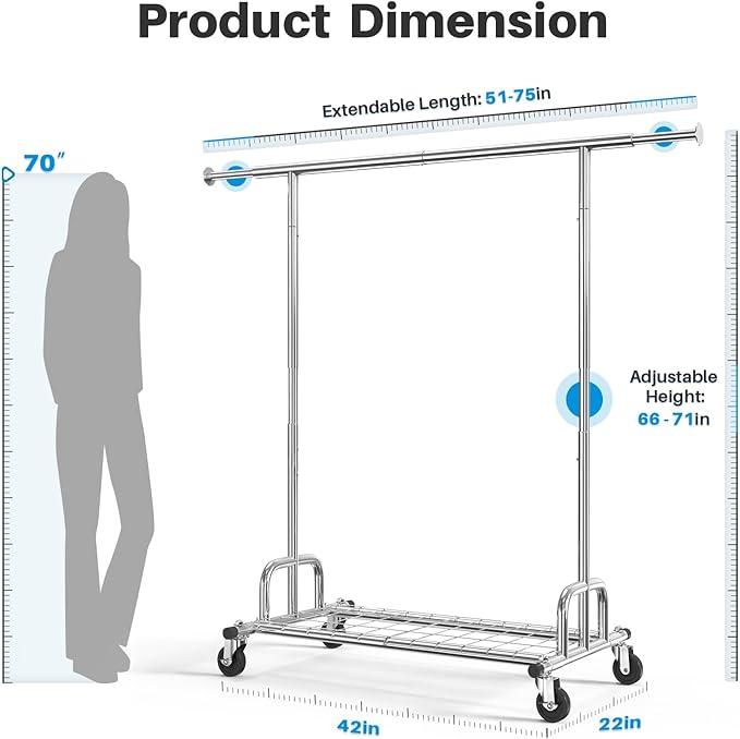 HOKEEPER Clothing Garment Rack Capacity 525LBS Clothing Racks on Wheels Rolling Clothes Rack for Hanging Clothes Heavy Duty C