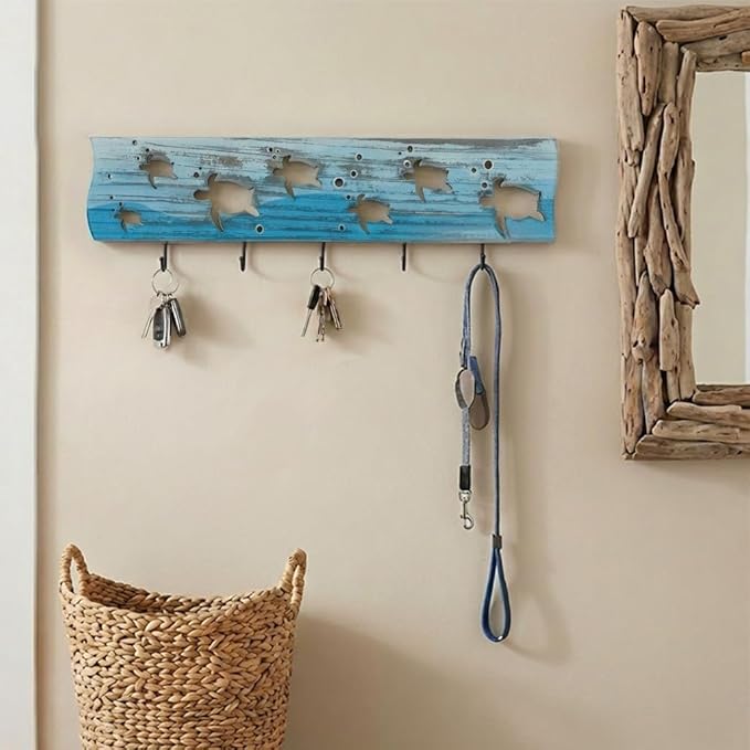Sea Turtle Driftwood Wall Art & DIY Key Holder – Handmade Coastal Home Decor – 17.5" Genuine Weathered Wood Plank with 5 Remo