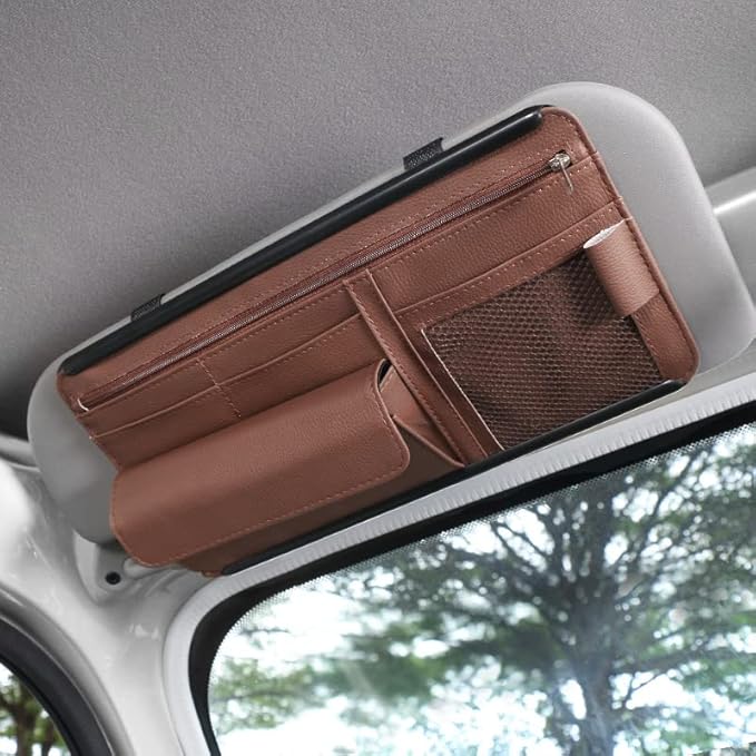 JEYODA Sun Visor Organizer Auto Interior Accessories Storage Pocket With Multi-Pocket Net Zippers (Style 2-Brown)