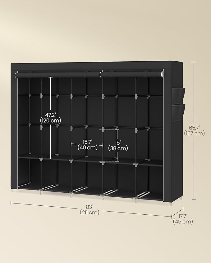 SONGMICS Portable Closet, Wardrobe Closet Organizer with Cover, 5 Hanging Rods and Shelves, 4 Side Pockets, 17.7 x 83 x 65.7 