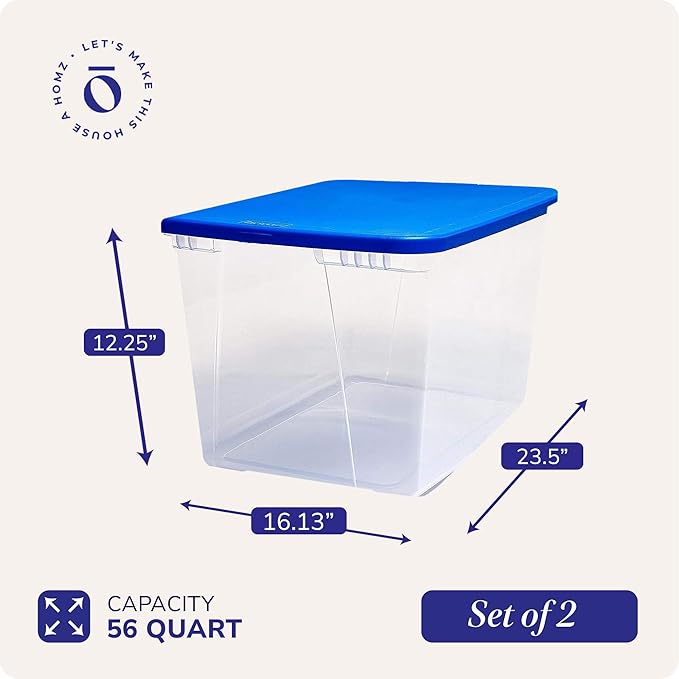 HOMZ 2-Pack Snaplock, Large Clear Plastic Storage Organizer Bins w/Lids, 56 Quart, Blue - Stackable Container Boxes for Bedro
