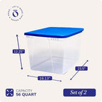 HOMZ 2-Pack Snaplock, Large Clear Plastic Storage Organizer Bins w/Lids, 56 Quart, Blue - Stackable Container Boxes for Bedro