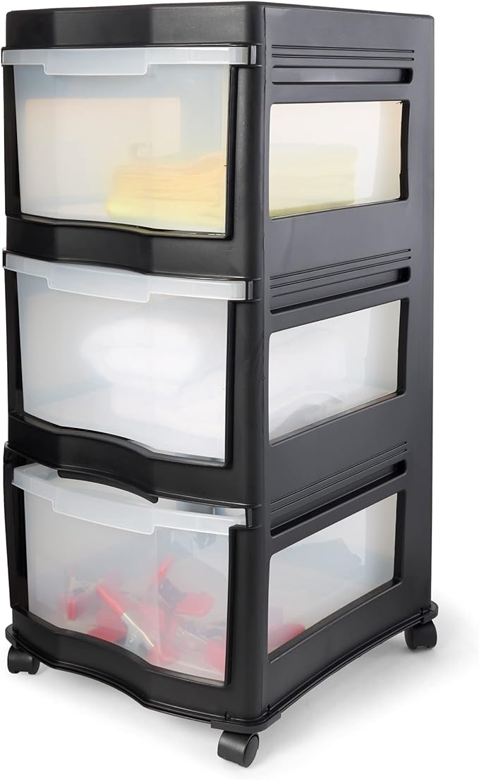 Life Story Classic 3 Tier Shelf Standing Plastic Storage Drawers and Organizer with Wheels for Home, Dorm, or Office Use, Bla
