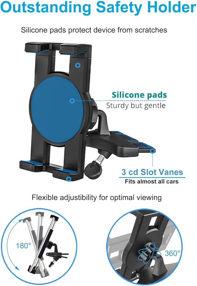 woleyi CD Slot Car Tablet Mount, 360° Rotatable CD Player Car Tablet & Phone Holder for iPad Pro 9.7, 11, 12.9 Air Mini 5 4 3 2, Samsung Galaxy Tabs, Switch, iPhone, More 4-13" Cell Phones and Tablets