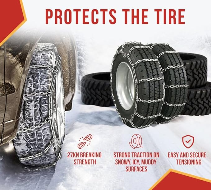 Mytee Products CAM Square Link Dual Snow Tire Chain Compatible w/ 24.5" Rim Diameter & 11" Wide Car Pickup Low-duty Trucks SU