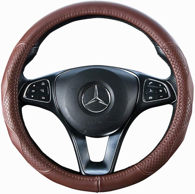 Brown Wheel Cover Cowhide Steering Wheel Cover Leather Car Steering Wheel Cover Universal 15.5inch / Size L (B-Brown-L)