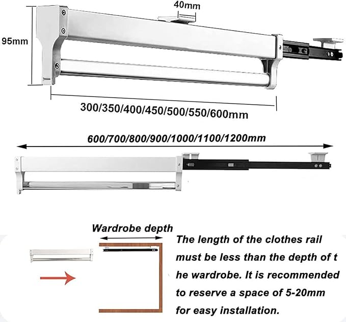 Pull Out Clothes Rail Extendable Clothes Rail - Pull Out Clothes Hanger Rail, Sliding Wardrobe Closet Rod, Adjustable Wardrob