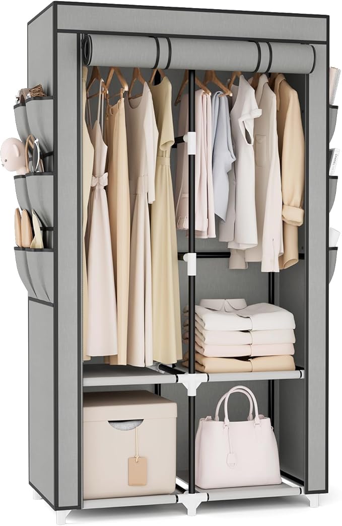 VTRIN Portable Closet Wardrobe for Hanging Clothes with 4 Storage Shelves, 2 Hanging Rods and 6 Pockets, Stable and Easy Asse