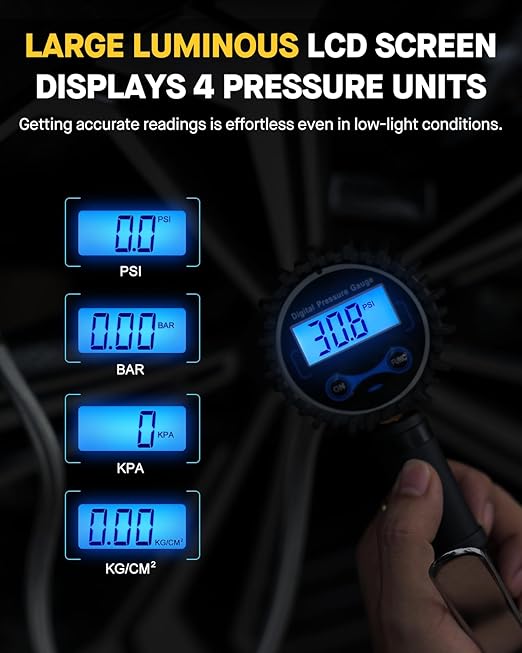 Vondior Digital Tire Inflator with Pressure Gauge 200 PSI - Large 2" Digital Dial, Heavy Duty Air Chuck and Compressor Accessories with Tire Tread Depth Gauge and Quick Connect Coupler Car Accessories