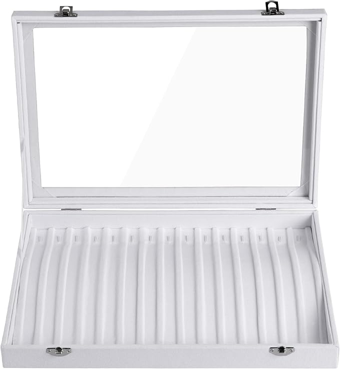 Frebeauty 15 Hooks Necklace Tray,Neckalce Organizer with Clear Lid,Velvet Necklace Holder Box,Jewelry Organizer for Pendants 