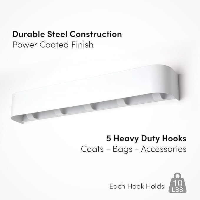 xympo Modern Wall-Mounted Coat Rack with Shelf – Heavy-Duty Steel, 5 Sturdy Hooks, Powder-Coated Finish, Space-Saving Entrywa