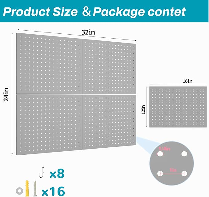 Peg Board,4 Pack Metal Pegboard Panels with 8 hooks,PegBoard Wall Organizer,16"x12" Steel PegBoard for Walls,Tools,Garage,Off