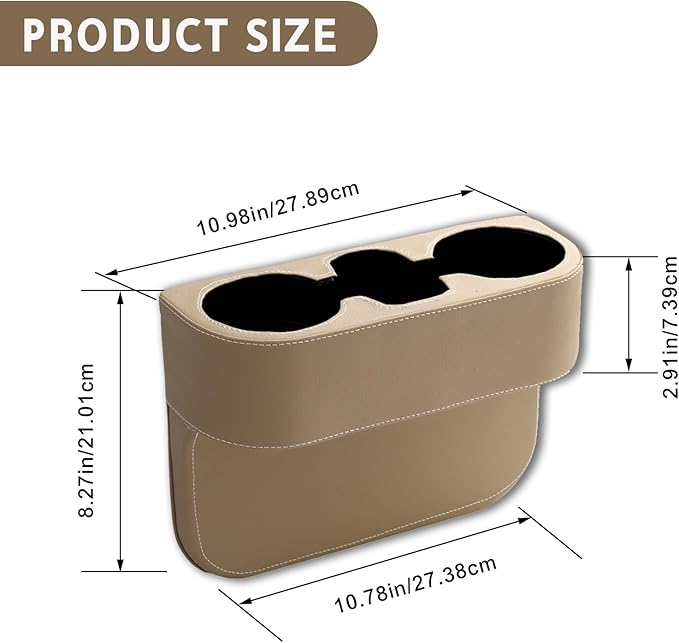 Car Cup Holder, PU Leather Auto Front Seat Organizer, Multifunctional Cup Drink Holders, Gap Filler Storage Box Coin Bucket Console Side Pocket Cell Mobile Phone Holder (Beige)