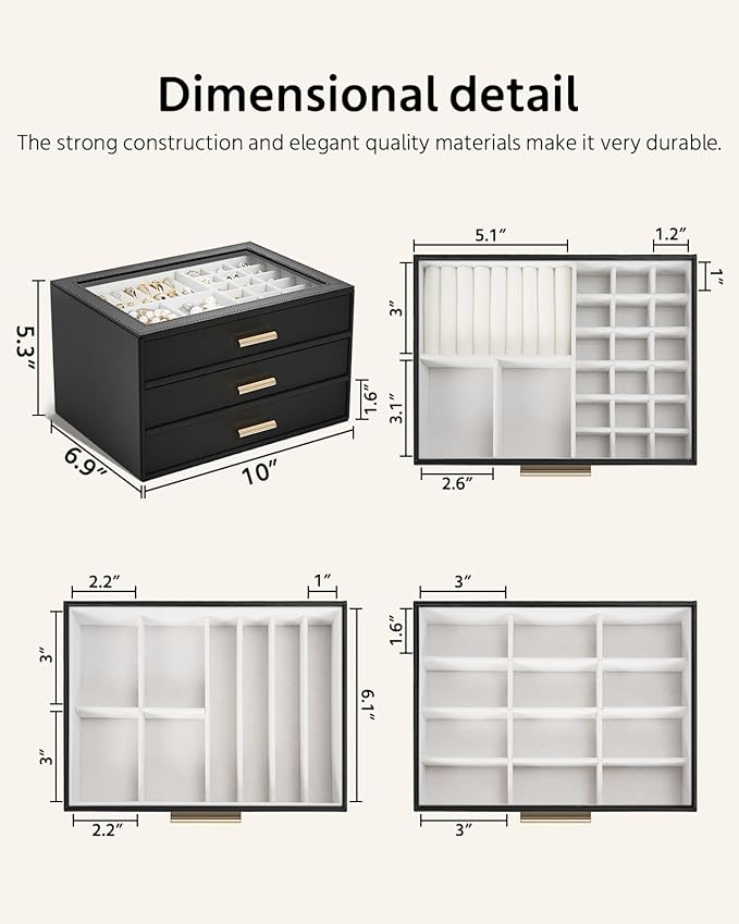 AKOZLIN Jewelry Box with Clear Lid Functional Leather Jewelry Storage Organizer Case 3 Drawers for Women Girls Necklace Ring 