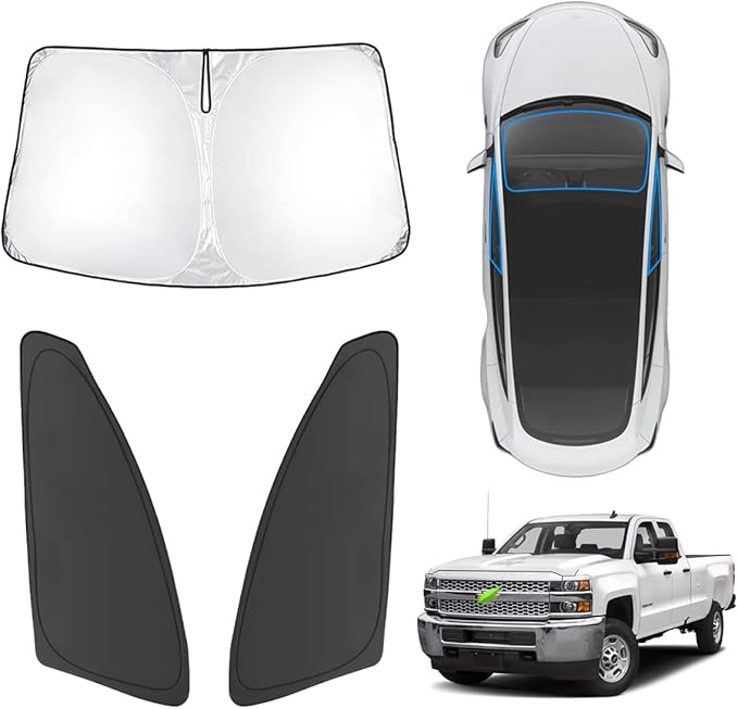 Karltys 3PCS Windshield Sun Shade for 2015-2019 Chevy Silverado/GMC Sierra 2500HD 3500HD, Front and Side Window Sunshade Custom Fit Silverado, Foldable Sun Visor Protector Blocks Heat UV Rays
