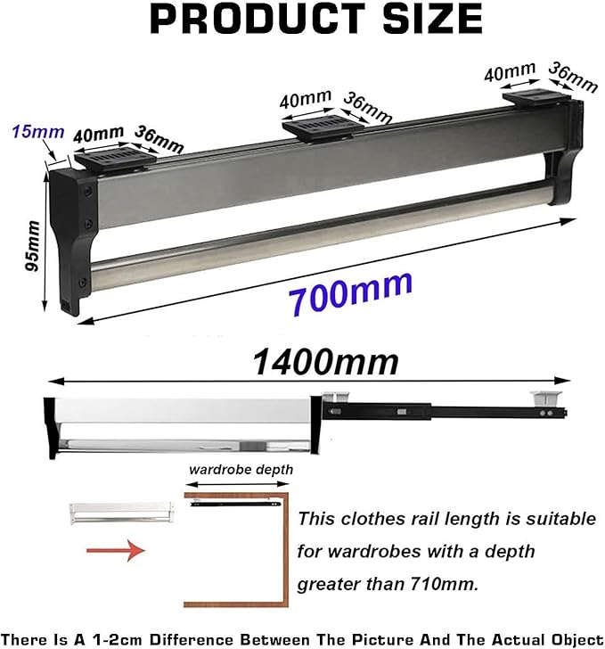 Pull Out Clothes Rail,Adjustable 30-80cm,Steel Extendable Trouser Hanger Rack,Space Saving Closet Organizer,Load 25kg(700mm/2