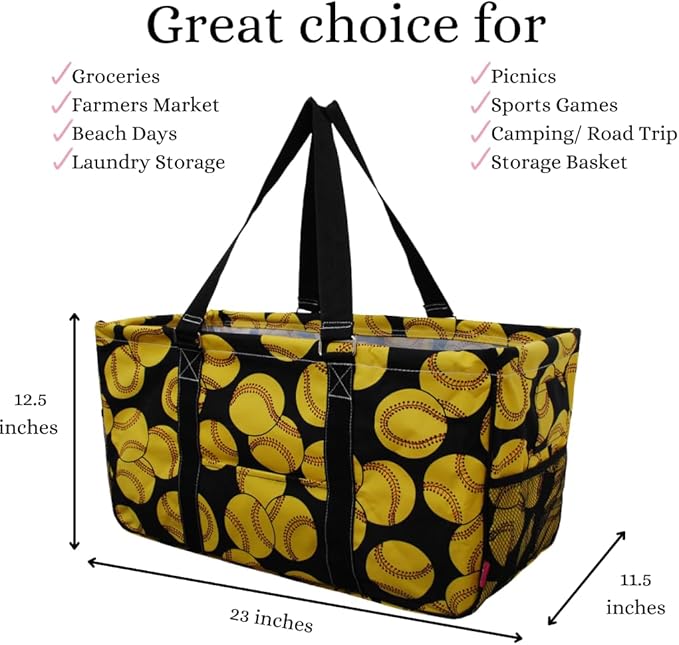 NGIL Extra Large Utility Tote Reusable Grocery Organizing Bag Oversized Collapsible for Storage, Picnic,Car, Beach (Softball-black)