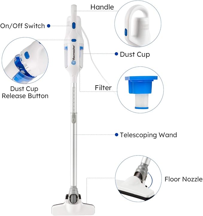 Vacmaster Corded Stick Vacuum Cleaner 2 in 1 Ultra-Lightweight 14Kpa Power Suction Handheld Vacuum Cleaner with Washable HEPA