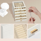 Jewelry Box with Glass Lid, 5-Layer Jewelry Organizer for Women Girls, PU Leather Display Case with 20-Grid Earring Tray & Mo