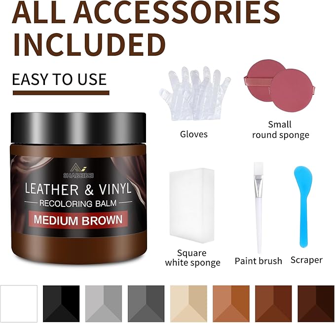 Leather Recoloring Balm and Scratch Repair Kit, Medium Brown Leather Restorer for Couches, Furniture, Car Seats, Leather Pain
