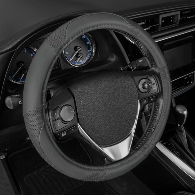 Motor Trend Perforated Microfiber Leather Steering Wheel Cover for Cars Trucks SUVs Vans, Sporty Racing Improved Grip Anti-Fa