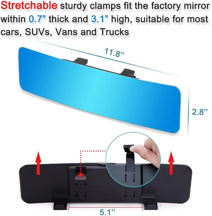 SkycropHD Anti Glare Rear View Mirror Frameless Car Interior Rearview Mirror Panoramic Wide Angle to Eliminate Blind Spots – Convex,11.8in (Blue)