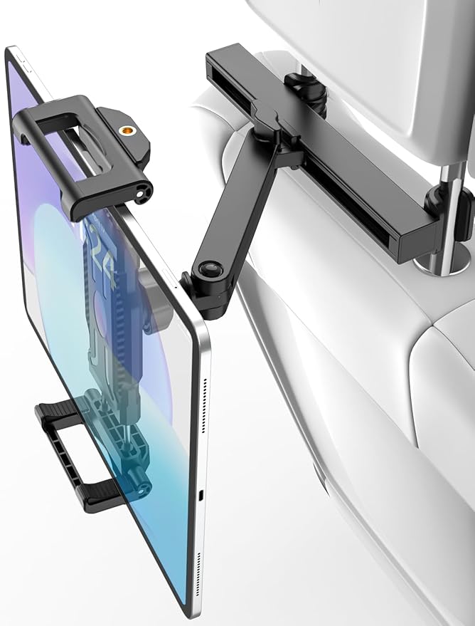 Car Headrest Tablet Holder, [Adjustable Extension Arm] Back Seat Tablet Mount with Foldable Wide Clip, Essential for Kids Travel, for iPad Pro 13, Air, Mini, Galaxy Tab, Fire, 5.5-15.6" Devices