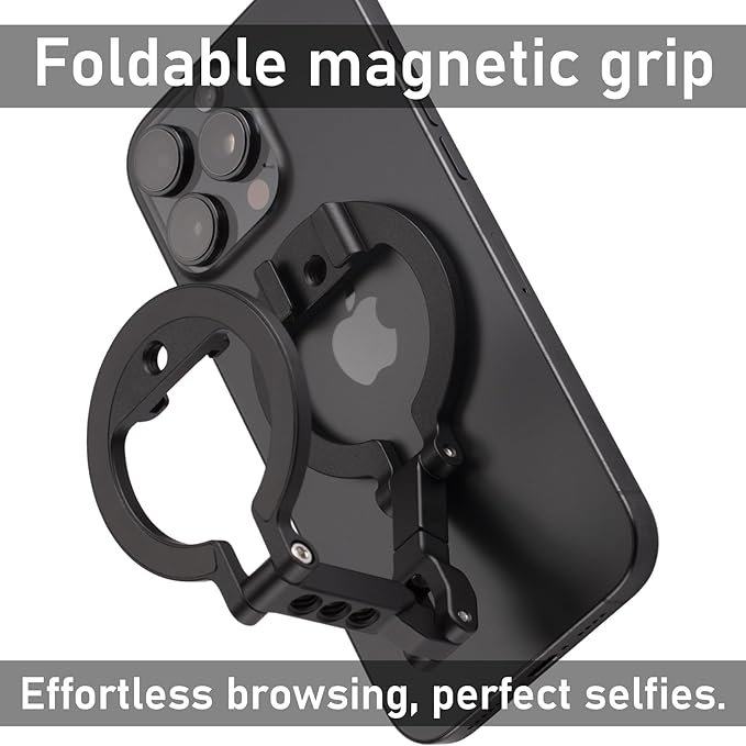 Dual Magnetic Ring Phone Mount - Foldable 360° Rotation CNC Aluminum Stand,1/4" Screw,Cold Shoe Interface, Hands-Free Holder for Live Streaming, Selfies & Multi-Device Use