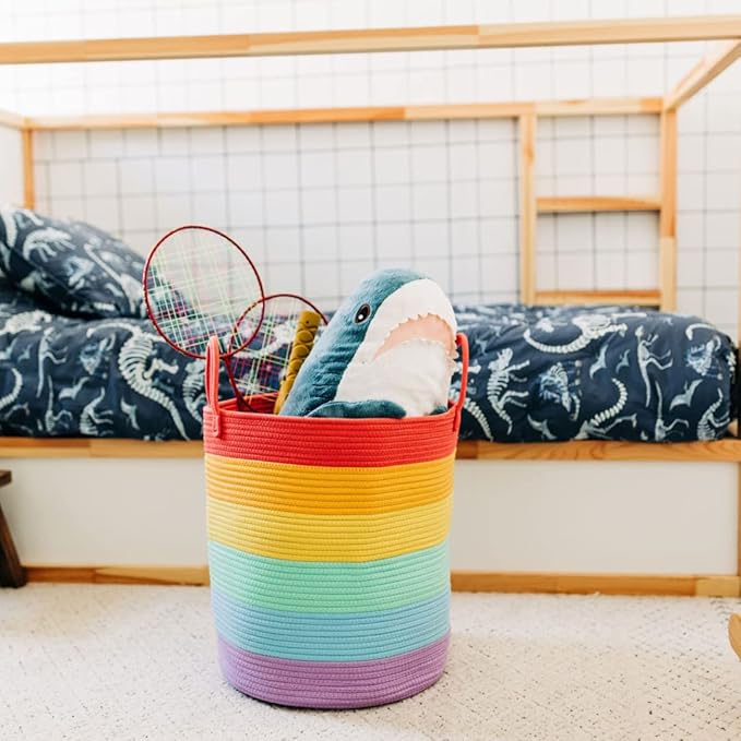 OrganiHaus Large Rainbow Woven Laundry Basket w/Handles 52L, Decorative Toy Storage Bin for Nursery, Colorful Blanket Basket 