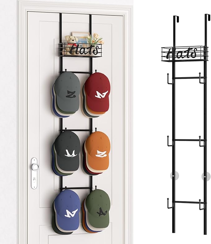 SWTYMIKI Over Door Hat Organizer - Wall Mounted Hat Rack with 6 Hooks and Metal Basket Design, Hanging Baseball Cap Organizer