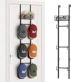SWTYMIKI Over Door Hat Organizer - Wall Mounted Hat Rack with 6 Hooks and Metal Basket Design, Hanging Baseball Cap Organizer