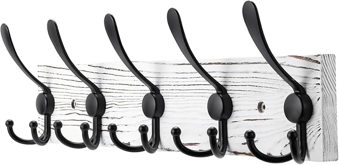 Kuhome Coat Rack Wall Mount Wooden Hat Rack for Wall Hooks Pine Real Wood Plank 16.9" White Coat Hanger with 5 Black Triple H