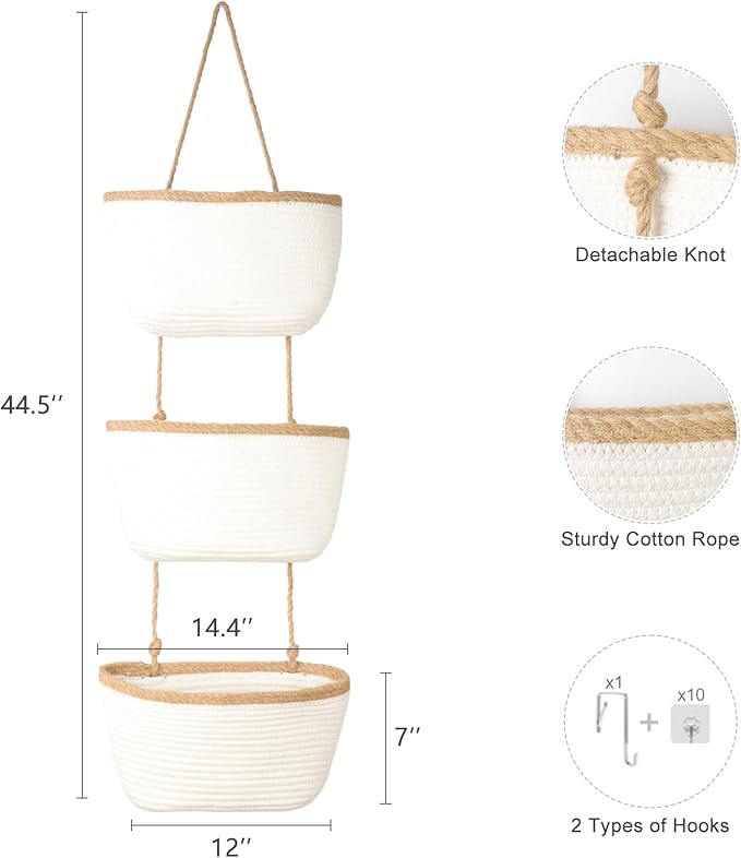 TeoKJ Over the Door Hanging Basket, 3-Tier Woven Cotton Wall-Mounted Storage Organizer Bag Decorative Hanging Nursery Baskets
