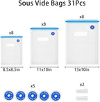Sous Vide Bags 31 Pcs (24 Pcs Vacuum Zipper Bags & 2 Seal Clips & 5 Air Valves),Reusable BPA Free Vacuum Sealer Bags Vacuum F