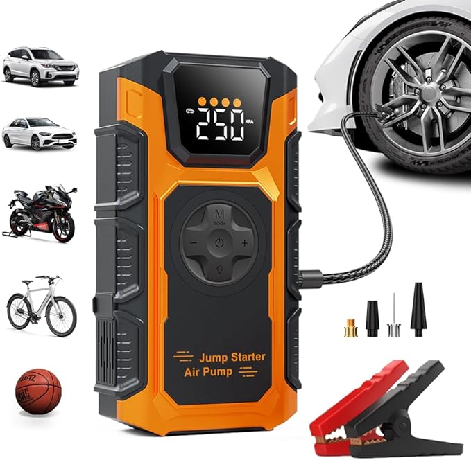 Tire Inflator Portable Air Compressor, 150 PSI Cordless Mini Air Pump for Car, Motorcycle, Bikes, Balls with Pressure Gauge&Auto Shutoff Function, 4500A Car Battery Jump Starter with LED Light