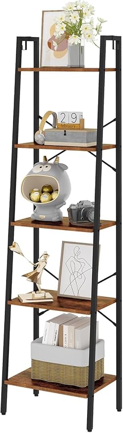 Hzuaneri Ladder Shelf, Bookshelf Bookcase, Freestanding Corner Storage Shelve with 2 Hooks for Home Office, Living Room, Kitc