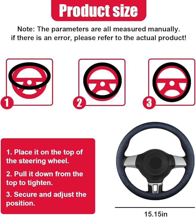 Craedli 14.5-15 Inch Leather Car Steering Wheel Cover, Non-Slip Breathable Auto Steering Wheel Protector Cover, Universal Veh