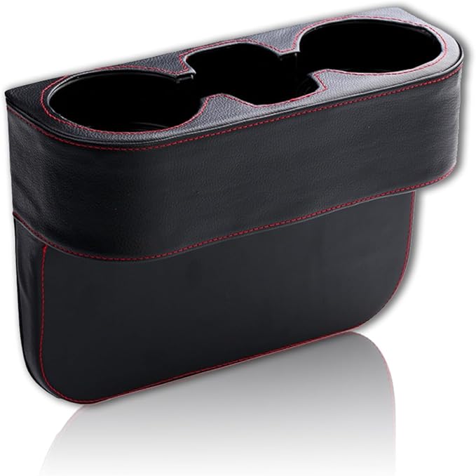Car Cup Holder, PU Leather Auto Front Seat Organizer, Multifunctional Cup Drink Holders, Gap Filler Storage Box Coin Bucket Console Side Pocket Cell Mobile Phone Holder (Black)