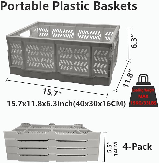 20L Folding Crate, 4Pack Plastic Storage Baskets Organizer for Home and Office,Collapsible Storage Crates for Home Office and