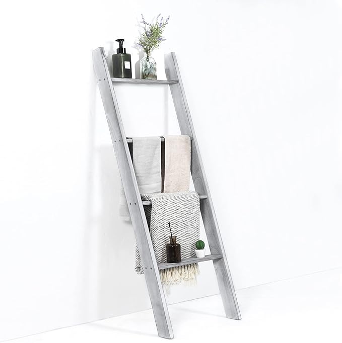 Tangkula 4-Tier Wooden Blanket Ladder, 4.5 ft Farmhouse Storage Rack, Wall Leaning Ladder Shelf Stand, Decorative Blanket She