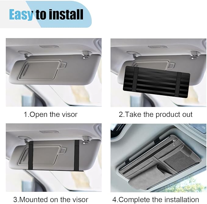 Suede Car Sun Visor Organizer with Multi-Pocket Net Zipper, Glasses Case, Sunglass Holder (Grey)