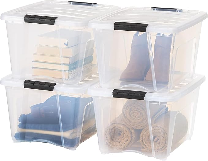 IRIS USA 32 Qt Stackable Plastic Storage Bins with Lids, 4 Pack - BPA-Free, Made in USA - See-Through Organizing Solution, La