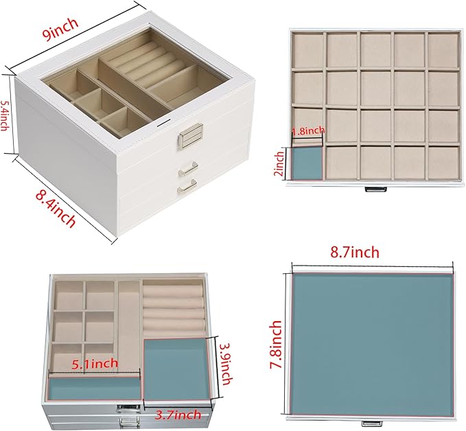 BOOVO Clear Lid Jewelry Box,3 Layers Jewelry Organizer Large Multi-Functional Jewelry Storage Box with 2 Drawers,Jewelry Disp