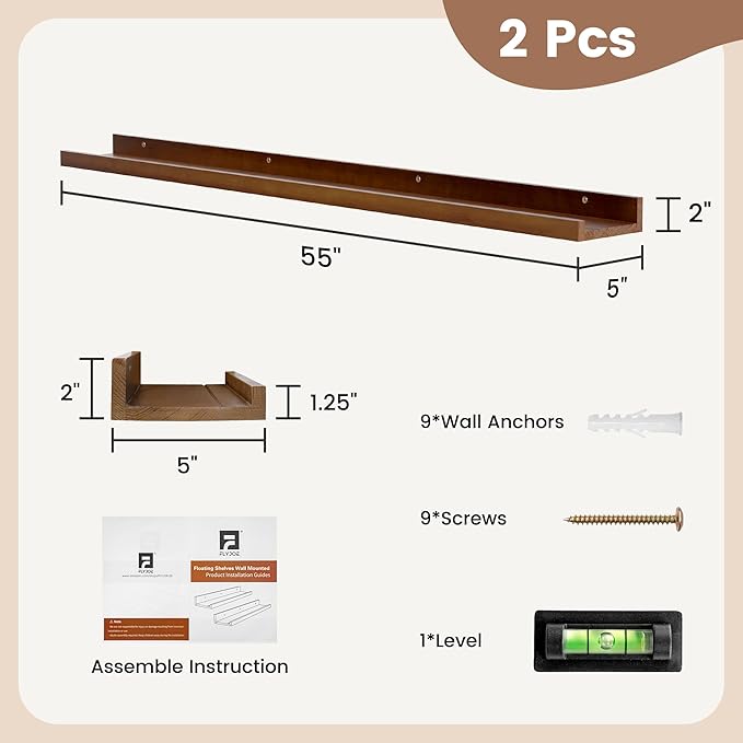 Picture Ledge Shelf, Floating Shelves Set of 2, Solid Ash Wood 56'' Long Large Nursery Book Shelves for Toys Storage, Kids Bo
