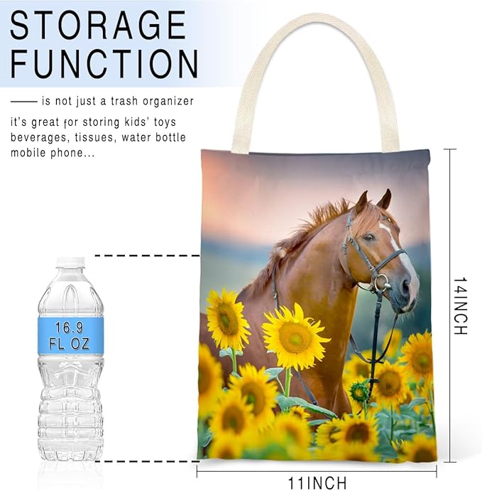 Car Trash Bag Hanging No Snap Small Garbage Bag for Car Back Seat Cute Printed One-handed Strap Trash Bags Car Accessories-Horse Sunflower Car Trash Bags
