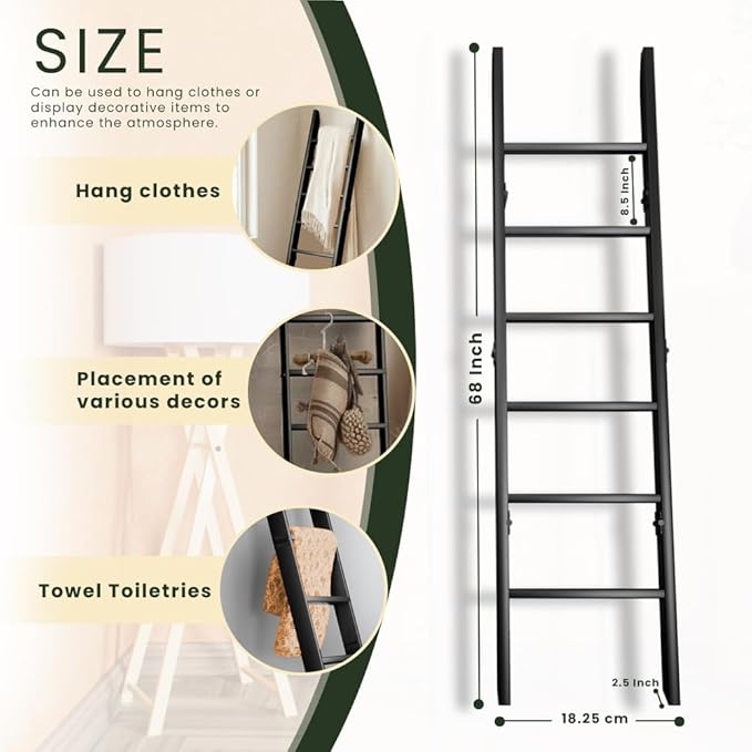 Decorative Wooden Blanket Ladder for the Living Room and Bedroom, 5ft 8 inch, Pine Wood Quilt Ladder, 6-Tier Wall Leaning Bla